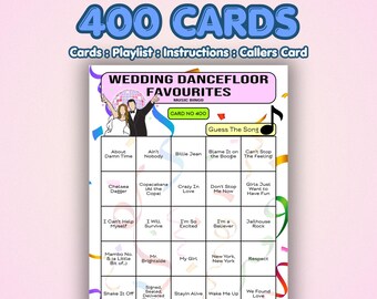 Wedding Music Bingo Cards – Dancefloor Fillers | 400 Cards | Festival Wedding Game | Song Quiz Game