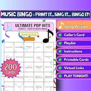 Bingo musical de 200 éxitos del pop de los años 2000 al 2020, formato de canciones, juego de fiesta imprimible para toda la familia, descarga instantánea, juego de bingo virtual con preguntas musicales