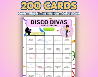 Disco Music Bingo Cards – Disco Divas | 200 Cards | Hen Do Bingo | Music Trivia Game |