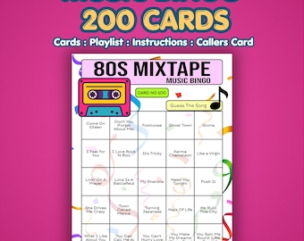 80s Music Bingo Cards – 1980s Mixtape | 200 Cards | 50th Birthday Game | Song Quiz Game