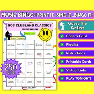 Clubland Classics des années 90, 250 cartes | Bingo musical à imprimer pour les soirées DJ, les tentes de festival, les anniversaires raves | Format d'artiste | Téléchargement instantané PDF