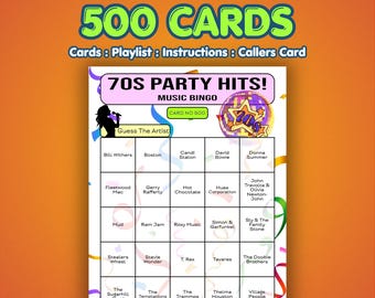 70er Jahre Musik Bingo Karten – Party Hits | 500 Karten | 60er Geburtstag Spiel | Musik Quiz Spiel |