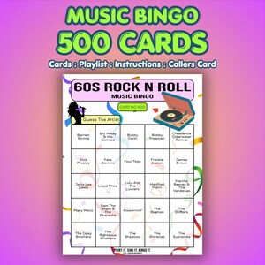 60s Music Bingo Cards – 1960s Rock N Roll | 500 Cards | Fundraiser Game | Music Trivia Game