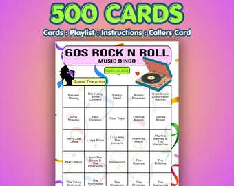 60s Music Bingo Cards – 1960s Rock N Roll | 500 Cards | Fundraiser Game | Music Trivia Game