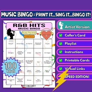 100-Card R&B Hits Music Bingo | Artist Format | Fun Printable Party Game for Hen Nights Fundraisers, Classrooms, Pub Quiz | Instant Download