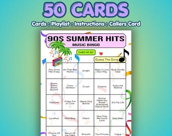 90s Music Bingo Cards – 1990s Summer Hits | 50 Cards | Girls Night Game | Name That Song