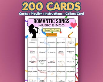 Bingo de canciones románticas / 200 tarjetas / Entretenimiento en pubs / Adivina el artista