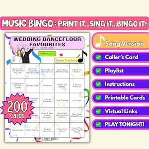 Juego imprimible de 200 tarjetas con los favoritos de la pista de baile para bodas, despedidas de soltera, recepciones y celebraciones de fin de semana. Descarga instantánea. Formato de canciones.