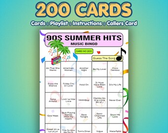 Tarjetas de Bingo Musical de los 90 – Éxitos del Verano de los 90 / 200 Tarjetas / Juego para Fiestas en el Jardín / Adivina la Canción