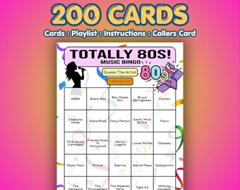 80er Jahre Musik Bingo Karten – Totally 1980s | 200 Karten | Büro-Partyspiel | Musik Quiz Spiel |