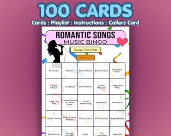 Romantic Songs Music Bingo Cards | 100 Cards | Girls Night Game | Name That Artist