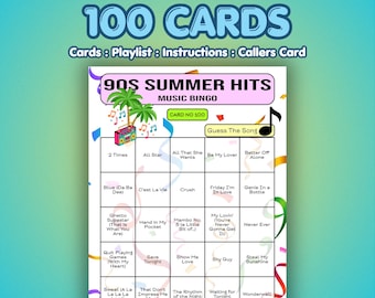 Tarjetas de Bingo Musical de los 90 – Éxitos del Verano de los 90 / 100 Tarjetas / Despedida de Soltera de los 90 / Juego de Preguntas sobre Canciones