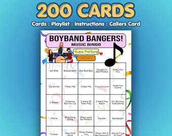 Boyband Bangers Music Bingo Cards | 200 Cards | Fundraiser Game | Guess the Song