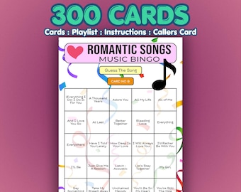 Bingokort med romantiska sånger och musik | 300 kort | Partyspel | Namnge den låten