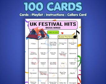 Tarjetas de bingo de éxitos musicales de festivales del Reino Unido / 100 tarjetas / Juego para despedidas de soltera / Adivina la canción /