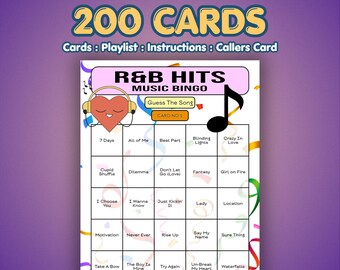 200-Card R&B Hits Music Bingo | Speed Edition | Song Format | BBQs, Reunions, Fundraisers or Games Night Fun | Instant Download | Spotify