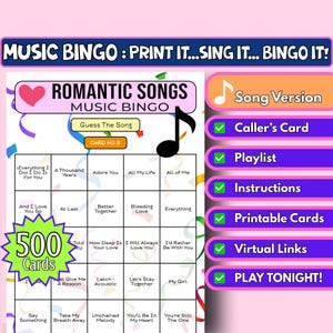 500 Romantic Songs Music Bingo Cards | Song Format | Gal |Valentine Printable Party Game | Instant Download | Virtual Bingo Game | Love Song