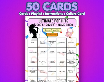 Bingo de éxitos pop / 50 tarjetas / Juego para fiestas en casa / Adivina el artista