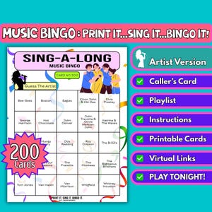 200 kaarten meezinghits Muziekbingo | Afdrukbaar spel voor liefdadigheidsevenementen, straatfeesten, werkviering | Direct downloaden | Artiestenindeling