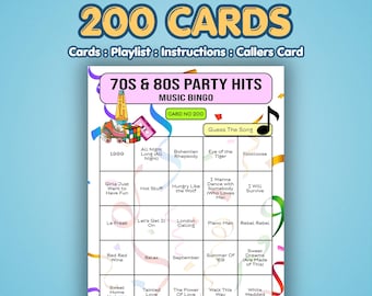 200 Postkarten 70er & 80er Party Hits Musik Bingo: 80er 1970er Jahre Playlist – Guess the Song | , Großes Gruppenspiel, Festival Spiel | Sofort Download