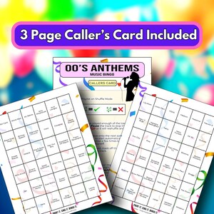 Puede incluir: Un juego de bingo musical con tres tarjetas de llamada incluidas. El juego tiene como tema los himnos de los a&ntilde;os 2000, con una tarjeta de llamada con la silueta de un cantante y varias tarjetas de bingo con nombres de artistas.