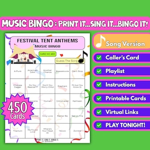Himnos de carpa para festivales de 450 tarjetas / Bingo musical para bodas, organizadores de fiestas, noches de DJ y hoteles / Formato de canciones / Descarga instantánea en PDF