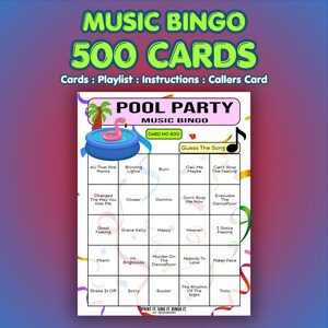 Pool Party Music Bingo Cards | 500 Cards | Fundraiser Bingo | Music Trivia Game