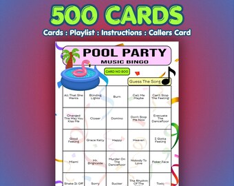 Bingo musical para fiestas en la piscina / 500 tarjetas / Bingo para recaudar fondos / Juego de preguntas y respuestas musicales