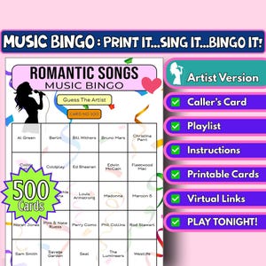 500 Romantic Songs Music Bingo Cards | Song Format | Gal |Valentine Printable Party Game | Instant Download | Virtual Bingo Game | Love Song