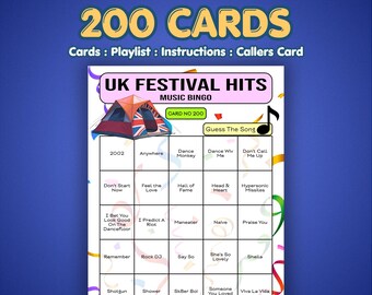 UK Festival Hits Musik Bingo Karten | 200 Karten | Gemeinschafts-Partyspiel | Song Quiz Spiel