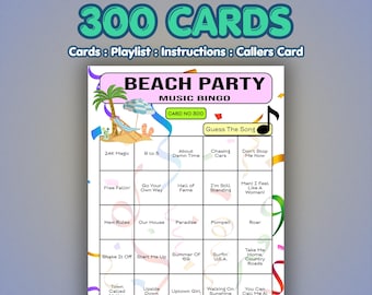 Beach Party Music Bingo Cards | 300 Cards | Summer Office Party Game | Name That Song