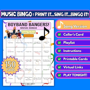Bingo musical de 150 cartas para boy bands | Formato de músicas | Jogo para impressão | Despedida de solteira, noite de escritório, festival, Zoom Bash | Download instantâneo