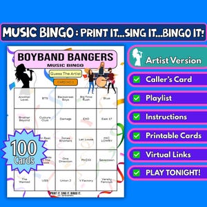 Bingo musical de 100 cartas para boy bands | Formato do artista | Jogo para impressão | Despedida de solteira para adolescentes | Evento de escritório no Zoom | Download instantâneo
