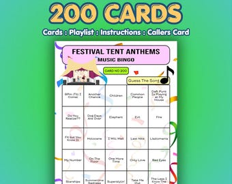 Festival Music Bingo Cards – Tent Anthems | 200 Cards | Indie Night Game | Song Quiz Game