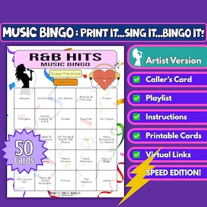 50 Card R&B Hits Music Bingo Game - Guess The Artist RnB Party Game