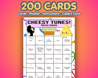 Tarjetas de bingo musical "Cheesy Tunes" / 200 tarjetas / Juego para recaudar fondos / Juego de preguntas y respuestas musicales /
