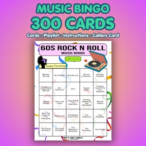 May include: A 60s Rock N Roll Music Bingo game card with 300 cards. The card features a retro record player graphic and artist names like Bo Diddley and Brenda Lee. The card includes instructions and a caller's card.