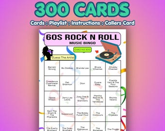 60s Music Bingo Cards – 1960s Rock N Roll | 300 Cards | Care Home Activity | Name That Artist |