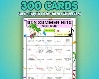 Tarjetas de Bingo Musical de los 90 – Éxitos del Verano de los 90 / 300 Tarjetas / Fiesta de Verano de los 90 / Juego de Preguntas sobre Canciones