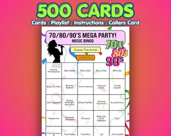 Tarjetas de Bingo Musical de los 70, 80 y 90 – Mega Fiesta de las Décadas / 500 Tarjetas / Juego para Eventos Benéficos / Adivina el Artista /