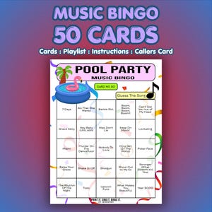 May include: A Music Bingo game card with a pool party theme. The card features a bingo grid with song titles and the text "Music Bingo 50 Cards." The card includes a pool graphic with a flamingo float.