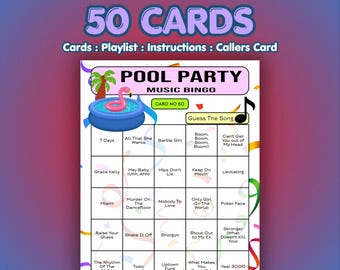 Bingo musical para fiestas en la piscina / 50 tarjetas / Juego para despedidas de soltera / Adivina el artista
