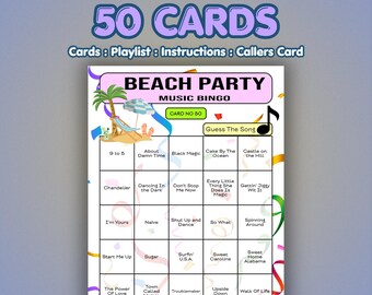 Beach Party Music Bingo Cards | 50 Cards | Girls Night Game | Guess the Song