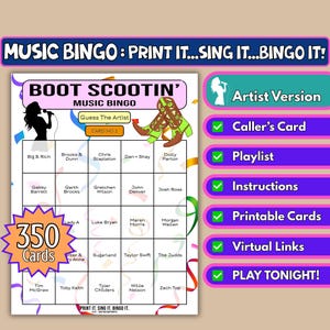 Bingo musicale Boot Scootin' da 350 carte / Formato artista / Bingo a tema country / Serata tra ragazze, raccolta fondi di beneficenza o gioco barbecue / Download immediato