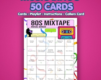80s Music Bingo Cards – 1980s Mixtape | 50 Cards | 50th Birthday Game | Name That Artist