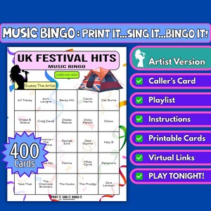 Cartelle da bingo con 400 successi musicali del festival del Regno Unito / Gioco stampabile per tendoni di festival, serate di beneficenza, quiz al pub / Download immediato / Formato artista