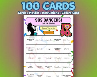 Tarjetas de Bingo Musical de los 90 – Éxitos de los 90 / 100 Tarjetas / Juego para Noche de Chicas / Juego de Trivia Musical