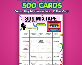 80er Jahre Musik Bingo Karten – 1980s Mixtape | 500 Karten | Team-Party-Spiel | Musik Quiz Spiel