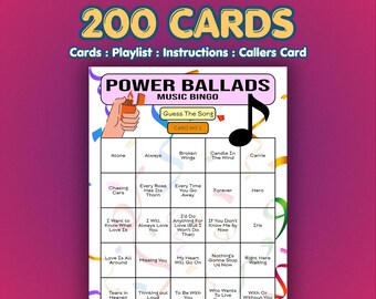 Power Ballads Music Bingo Cards | 200 Cards | Community Party Game | Guess the Song |