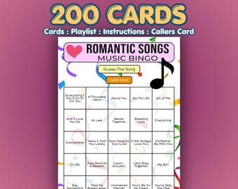 Tarjetas de bingo de canciones románticas / 200 tarjetas / Juego para recaudar fondos / Adivina la canción